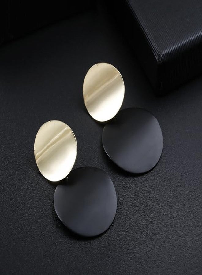 ZENCHEER Round Curved Clip On Earrings Women, Lightweight Statement Gold Black Discs Dangle Drop Earrings for Non Pierced Ears Jewelry Gift (Gold & Black) - Image 4